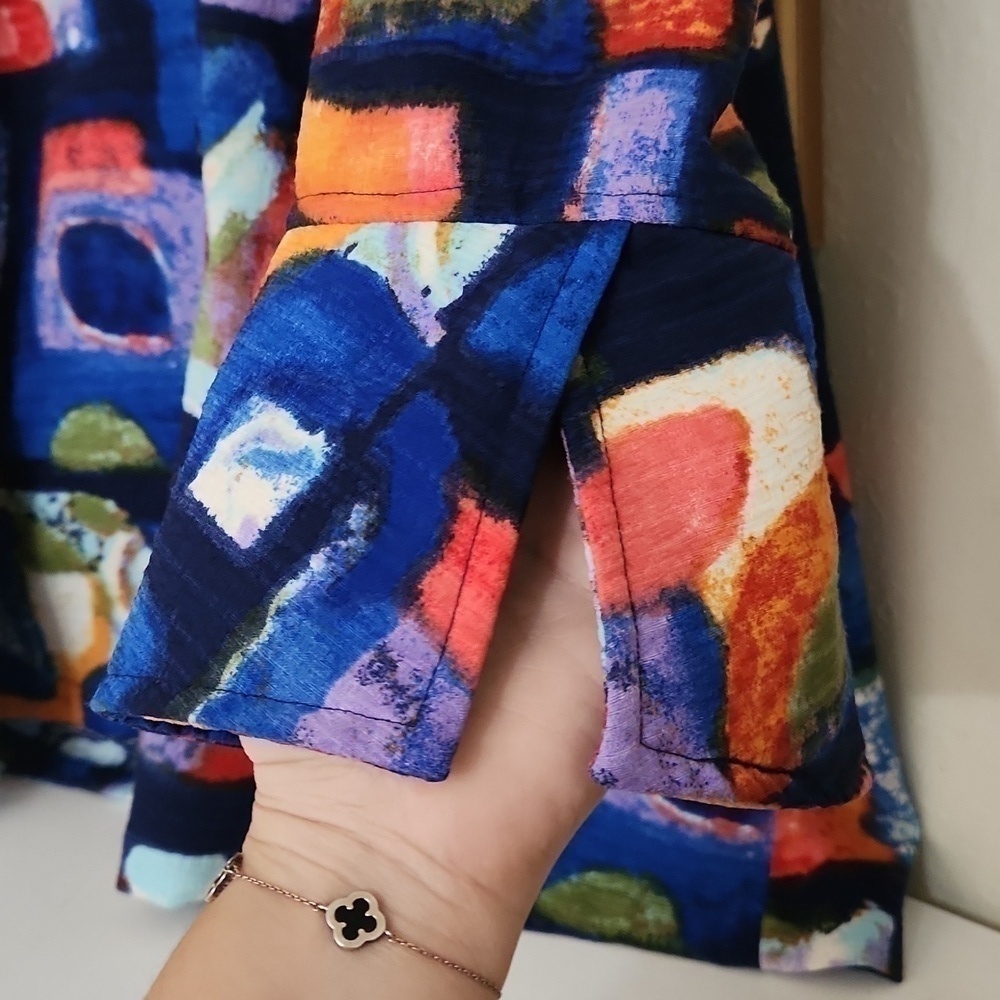 Ali Miles Colorful Abstract Patterned Coat Bell Sleeve Career Artsy Contemporary - Picture 4 of 12